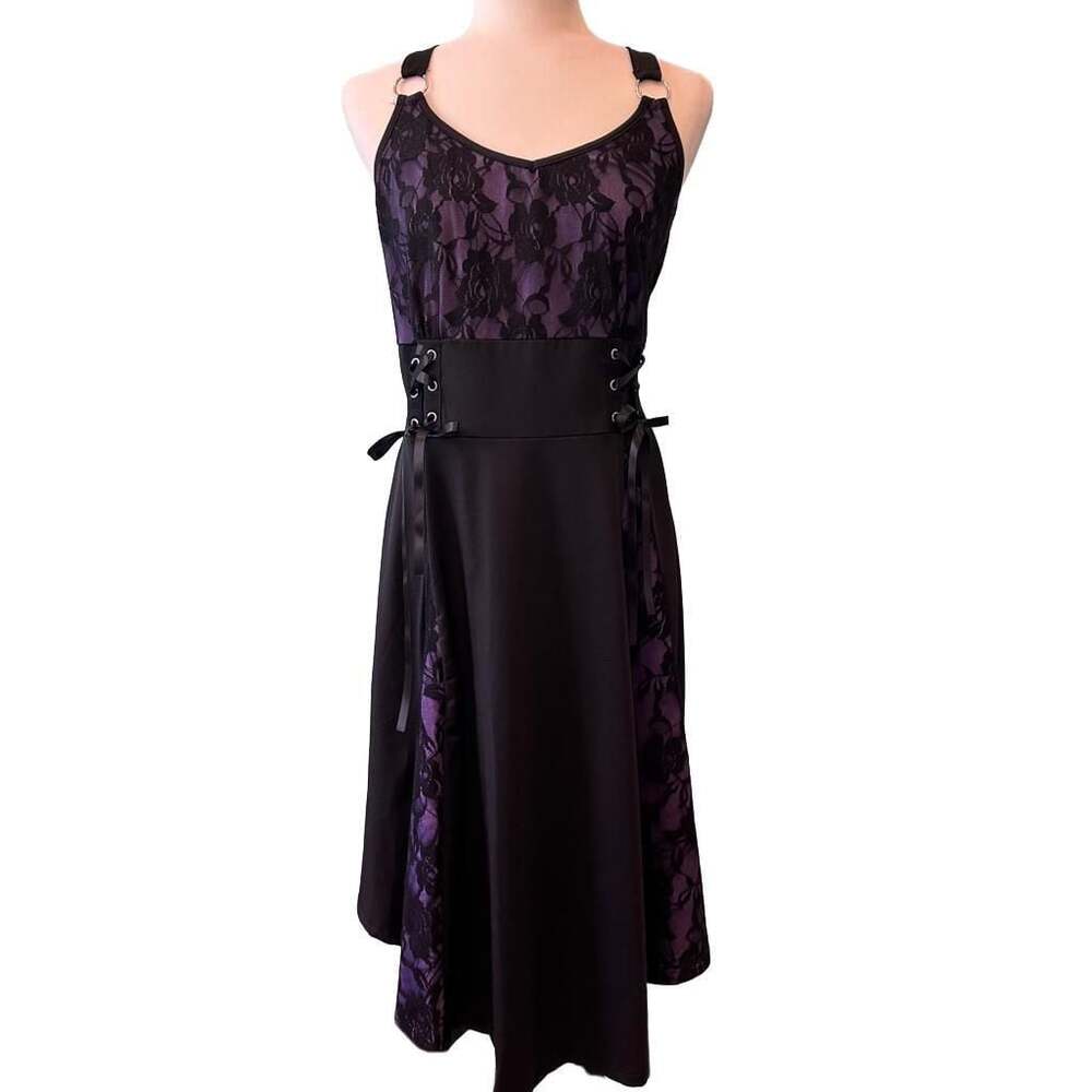 Women's Gothic Vintage Lace Up High Low Corset Spaghetti Strap Dress Black Purpl